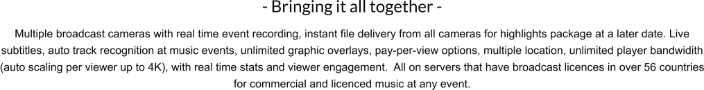 - Bringing it all together - Multiple broadcast cameras with real time event recording, instant file delivery from all cameras for highlights package at a later date. Live subtitles, auto track recognition at music events, unlimited graphic overlays, pay-per-view options, multiple location, unlimited player bandwidith (auto scaling per viewer up to 4K), with real time stats and viewer engagement.  All on servers that have broadcast licences in over 56 countries for commercial and licenced music at any event.