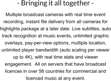 - Bringing it all together - Multiple broadcast cameras with real time event recording, instant file delivery from all cameras for highlights package at a later date. Live subtitles, auto track recognition at music events, unlimited graphic overlays, pay-per-view options, multiple location, unlimited player bandwidith (auto scaling per viewer up to 4K), with real time stats and viewer engagement.  All on servers that have broadcast licences in over 56 countries for commercial and licenced music at any event.